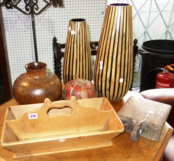 A group of 20th century decorative wooden items including a twin division cutlery holder, wooden vases, box and sundry.