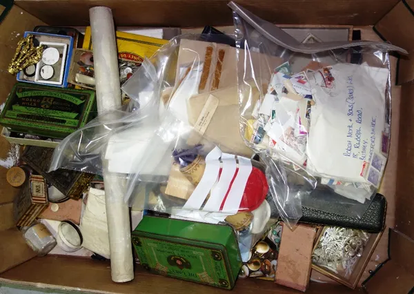 A quantity of collectables including shells, costume jewellery assorted spoons, stamps etc.