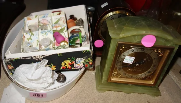 A quantity of collectables including mantel clocks, photo albums, oval ceramic dish and sundry.