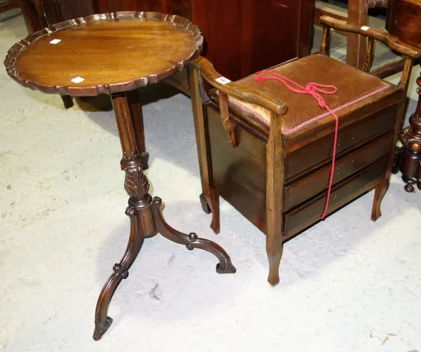 A walnut three drawer piano stool, 56cm and a wine table, 40cm. (2)