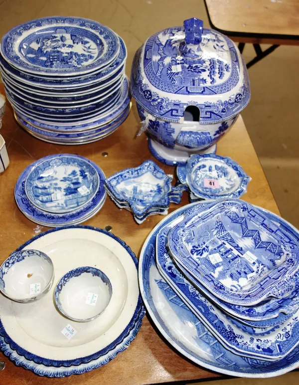 Two 18th century English blue and white painted tea bowls, a quantity of 19th century and later blue and white transfer printed table ware, including;
