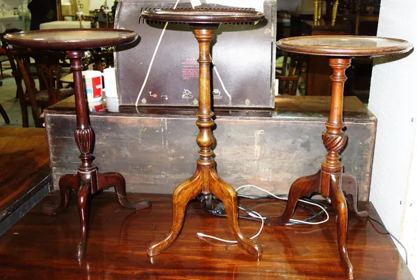 Three 20th century mahogany and inlaid wine tables. (3)