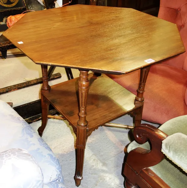 In the manner of Shoolbred, a late 19th century octagonal mahogany occasional table, on splayed and fluted supports, united by platform undertier, 73c