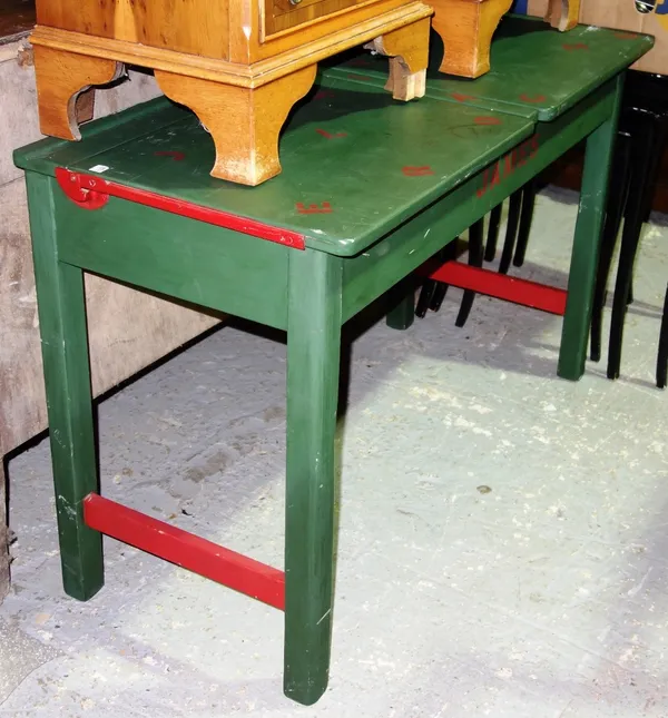 A green painted child's teak desk and an ebonised nest of three tables, (2).