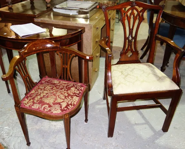 A pair of George III style mahogany armchairs and a corner chair. (3)