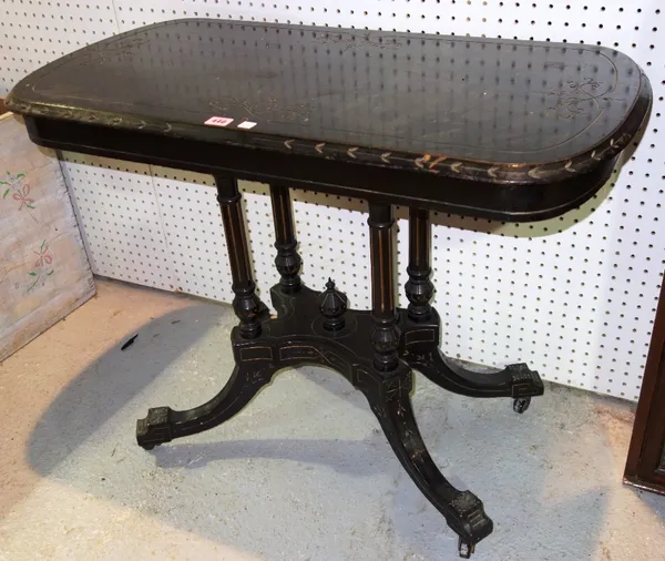 A Victorian ebonised rounded rectangular centre table, 93cm wide.