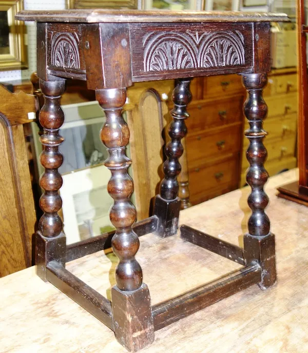 A 17th century style oak joint stool, 47cm.