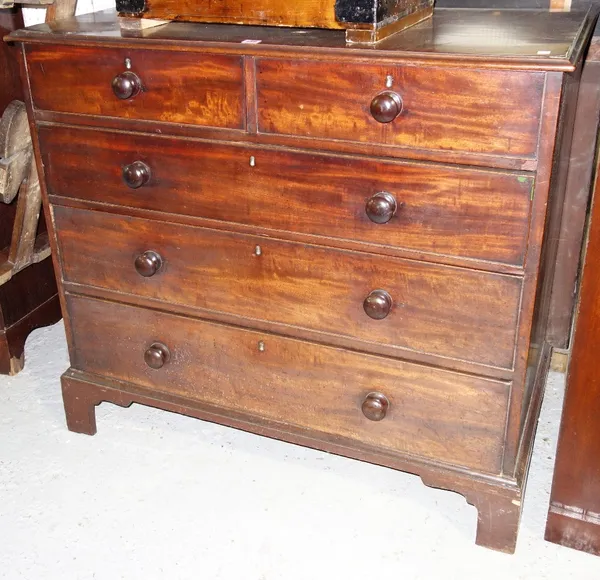 An 18th century mahogany chest of two short and three long graduated drawers, on bracket feet, 111cm wide.