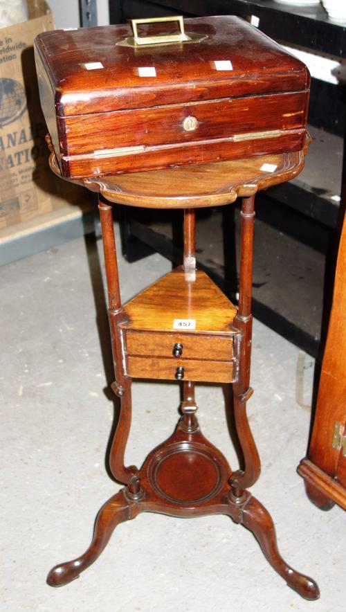 An 18th century and later mahogany washstand, on three downswept supports, together with a 19th century writing slope, (2).