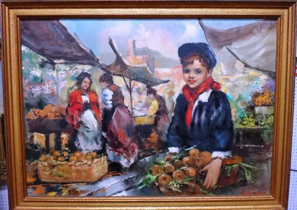 Continental School (20th century), A young boy in a market, oil on canvas, indistinctly signed.