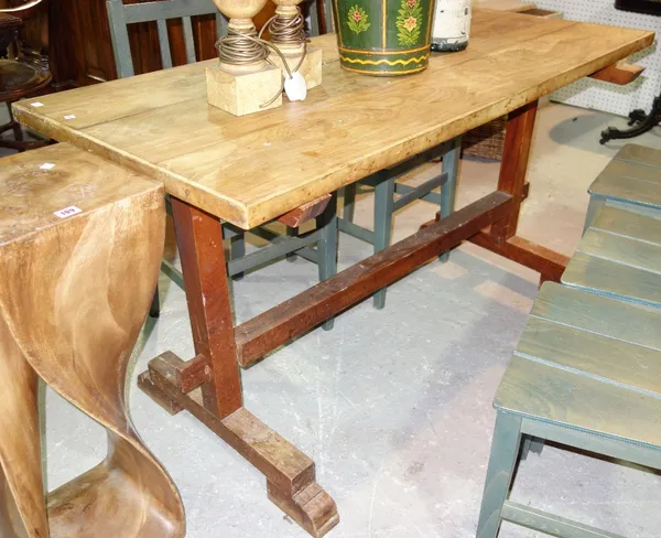 An elm rectangular dining table on trestle end base, 154cm.  12
