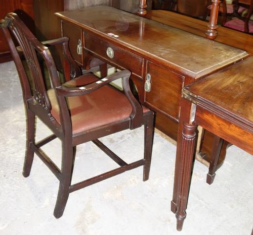 A 20th century mahogany three drawer side table and a 19th century mahogany carver chair with pierced splat back. (2)  11, 33