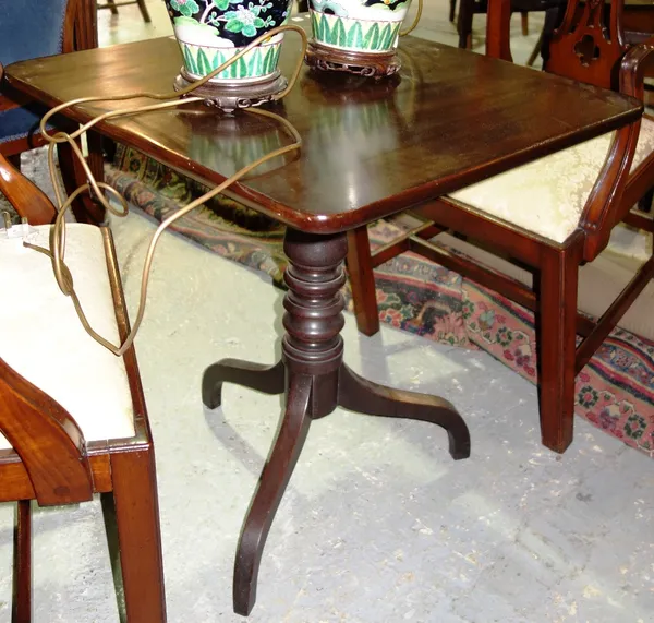 A 19th century mahogany snap top rectangular occasional table, together with a triangular drop flap occasional table and a low table. (3)  23, 26