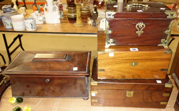 Two Victorian walnut and brass bound writing slopes, Victorian mahogany part fitted tea caddy of sarcophagus form, 18th century and later brass mounte