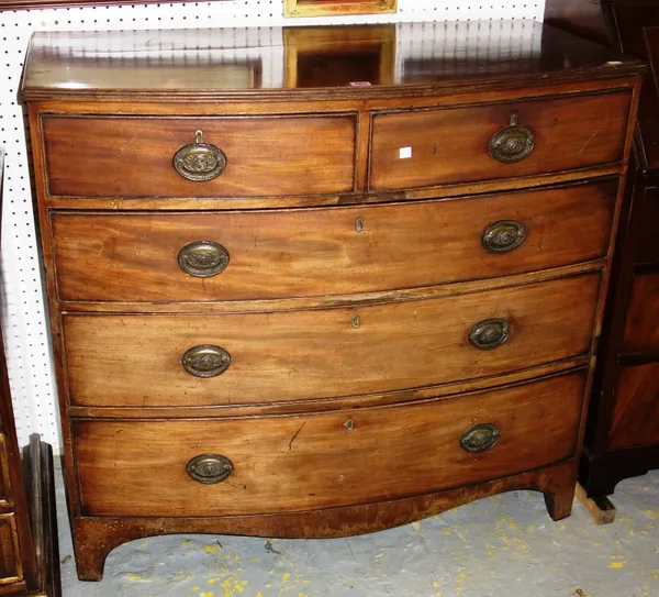 A 19th century mahogany bowfront chest of two short and three long drawers, 107cm.  21