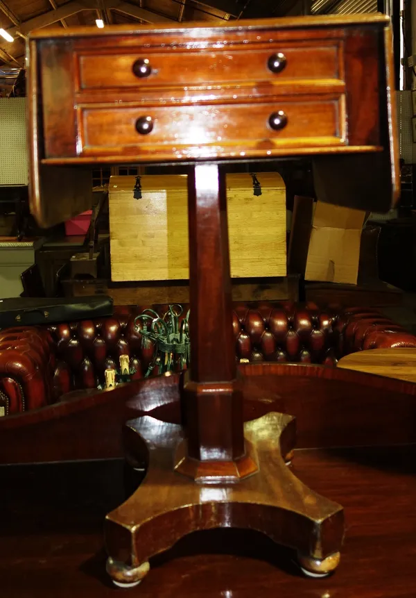A William IV mahogany drop flap sewing table, with pair of frieze drawers on canted square column and quatrefoil platform, 44cm wide.