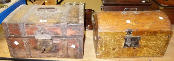 A 17th/18th century Continental stained pine and metal bound travelling box and an 18th century stained pine domed rectangular box (2)