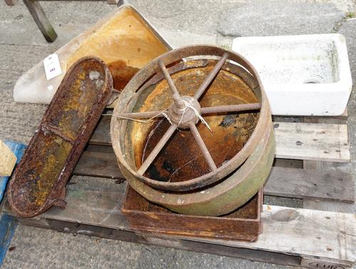 A group of three metal planters, together with a small sink and a metal cart wheel. (5)
