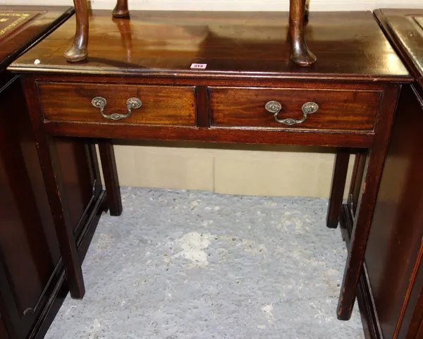 A mid 18th century mahogany two drawer side table, on canted square supports, 84cm wide.