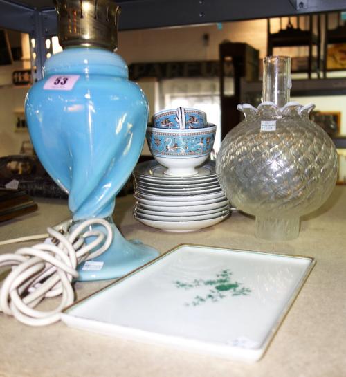 A Wedgwood part tea and coffee service decorated with blue bands, and a blue glass oil lamp and shade. (qty)
