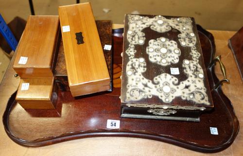 An Edwardian mahogany and shell patera inlaid shaped rectangular tray with brass carrying handles; 3 19th century box wood boxes, late Victorian faux