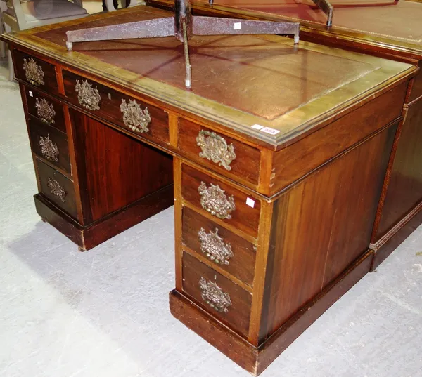 A 19th century mahogany twin pedestal desk with inset red leather top, 108cm.