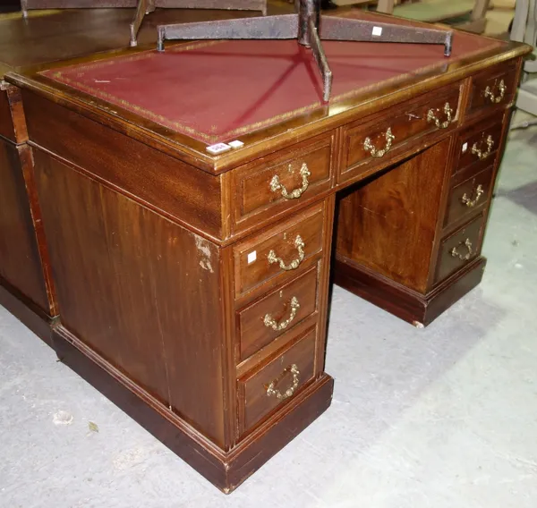 A 19th century mahogany twin pedestal desk with inset red leather top, 108cm.