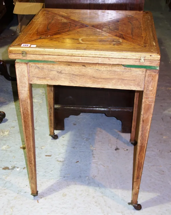 A 19th century rosewood and inlaid envelope card table, 55cm.