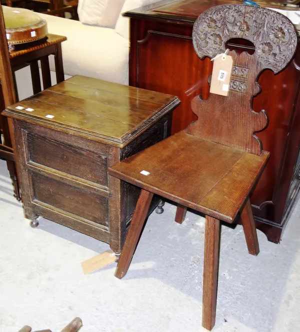 A 19th century oak lift top stool and a Victorian carved hall chair. (2)  51, 67