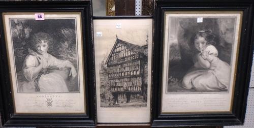 After Sir Joshua Reynolds, Felina; Robinetta, a pair of engravings, together with an etching of Chester by Monk.(3)
