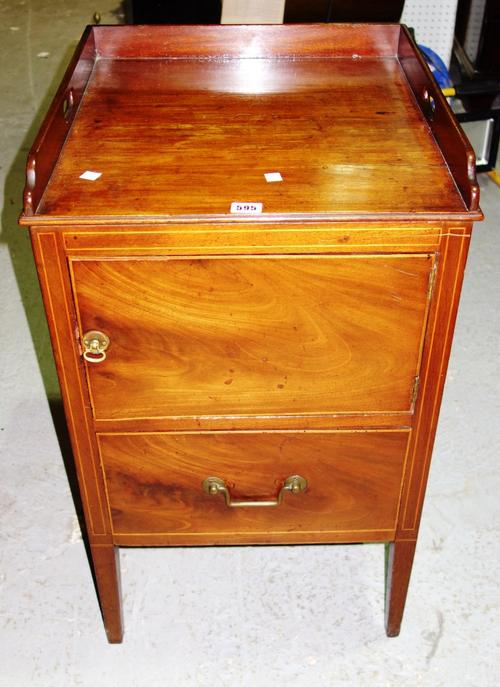 A George III inlaid mahogany nightstand, the three quarter galleried top over cupboard and drawer, on tapering square supports, 47cm wide.