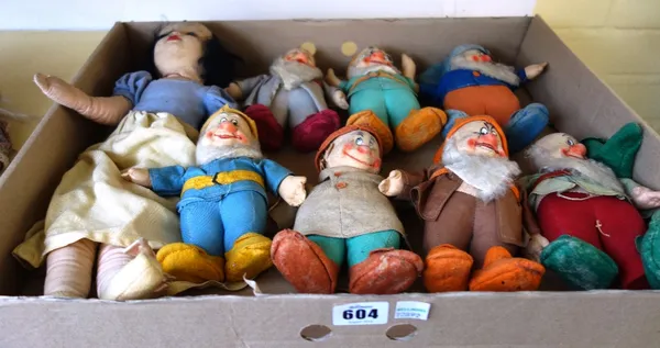A set of Chad Valley Snow White and the Seven Dwarves felt toy figures, pre-war, 'Happy' with his original paper label (a.f), Snow White 41cm high. (8
