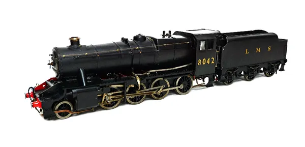A Stanier '8F' 2-8-0 3.5inch working scale steam locomotive and tender, mid 20th century, L,M.S. 8042, black livery, the locomotive 76cm, locomotive a
