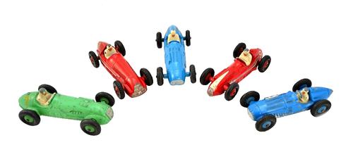 Five Dinky die-cast racing cars, comprising; 23N Maserati, 23H Talbot Lago, 23J HWM, 23K Talbot Lago, and 23F Alfa Romeo. (5)  Illustrated