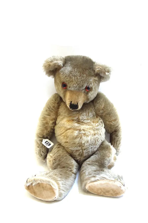 A golden haired teddy bear, 20th century, with orange glass eyes, hand stitched snout, hump back and jointed limbs, 49cm high.