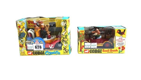 A Corgi comics Popeye Paddle Wagon 802, (boxed) and a Corgi Basil Brush 808 car (boxed), (2).