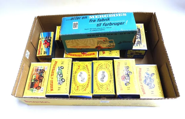 A Tekno Mercedes Benz 'Tuborg' truck (partial box), ten 'Y' series Matchbox models of Yesteryear and a Matchbox Superfast Fork Lift Truck, (12).
