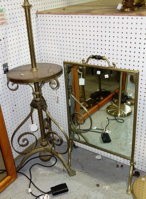 A brass standard lamp and a mirrored fire screen. (2)