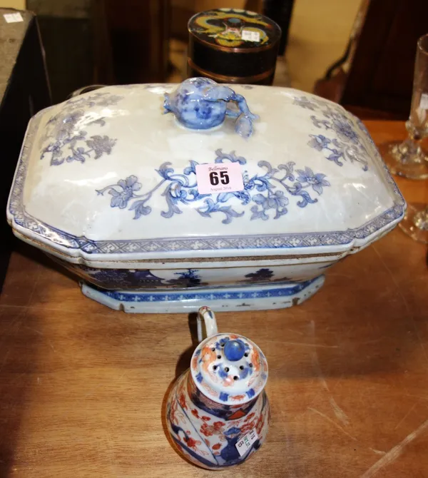 Chinese ceramics including; 18th century octagonal blue and white tureen with associated cover; Imari jug with pierced lid; two pieces of cloisonné wa