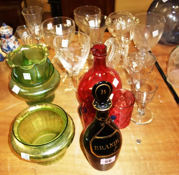 Glassware to include; early 19th century green glass brandy decanter and stopper with gilt detailing; assorted 18th and 19th century drinking glasses;