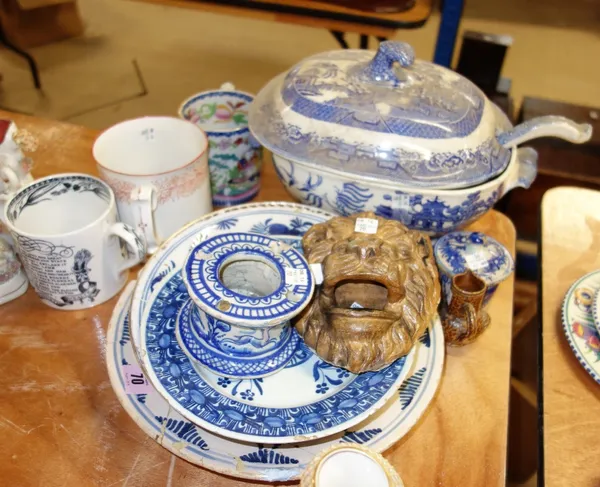 Four 18th century and later delft plates; stoneware lion mask; two Spanish stoneware jug and blue and white printed tureen and cover and three 19th ce