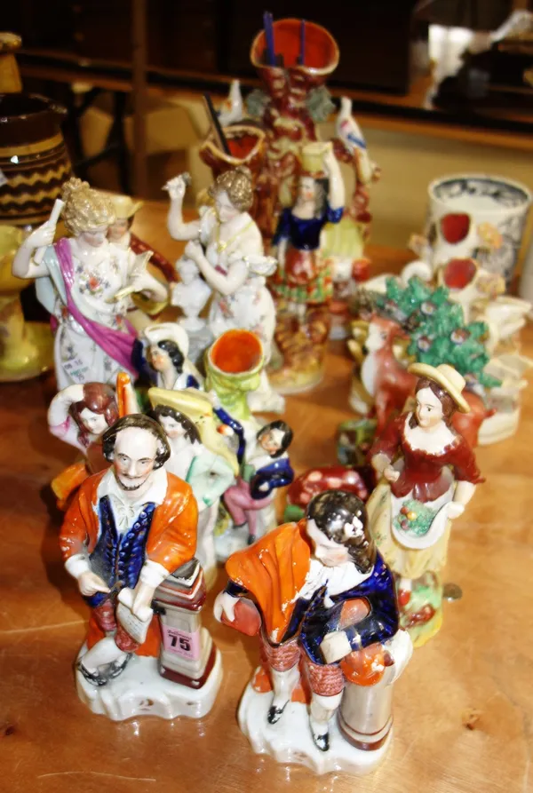 Quantity of 19th century and later Staffordshire ware including; pair figures Milton and Shakespeare, pair swan spill vases, two dancing sailor groups