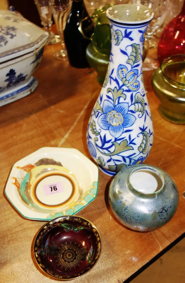 A Clarice Cliffe 'Bizarre' octagonal small bowl painted in the 'Secrets' pattern; a Pilkingtons style lustre vase; a Moore Brothers style vase and a D
