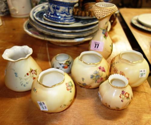Six pieces of Royal Worcester blush ivory porcelain and a Locke & Co Worcester small vase with bird decoration. (qty)