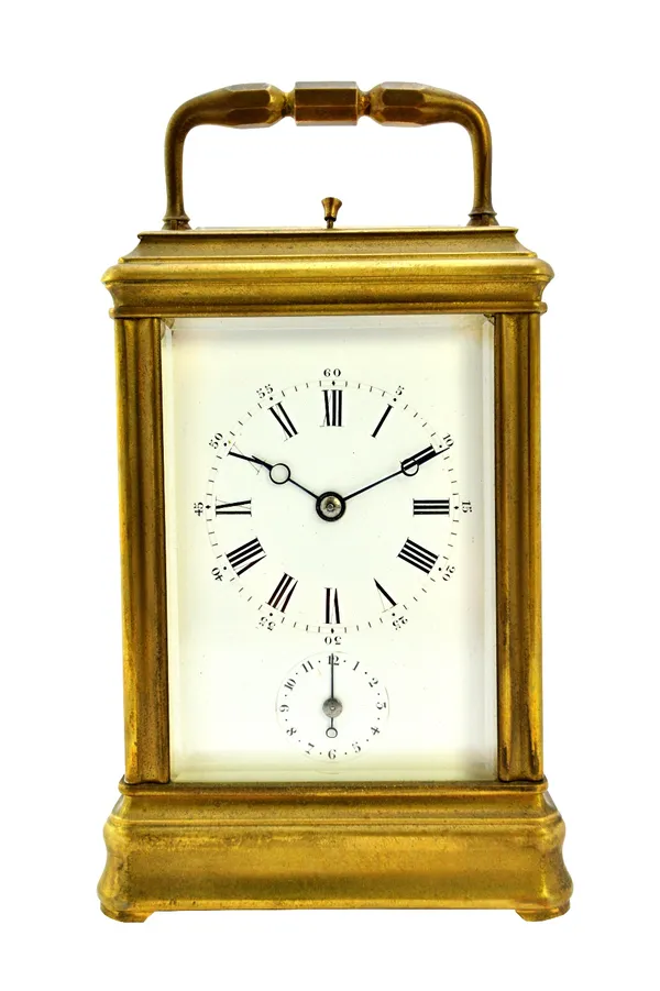 A brass cased carriage clock, late 19th/early 20th century, hour push repeat, with subsidiary alarm dial and two train movement, in a velvet lined lea