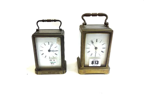 A brass cased carriage clock, late 19th century, with two train movement and bell strike, 12.5cm high, together with a smaller brass cased carriage cl