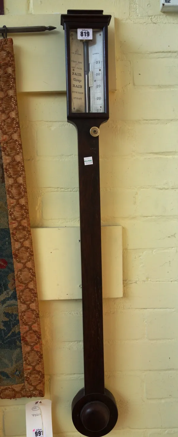A Georgian rosewood stick barometer by J. W. Cooper Lynn, with plinth top, ivory plate and half block cistern, 95cm high.  16