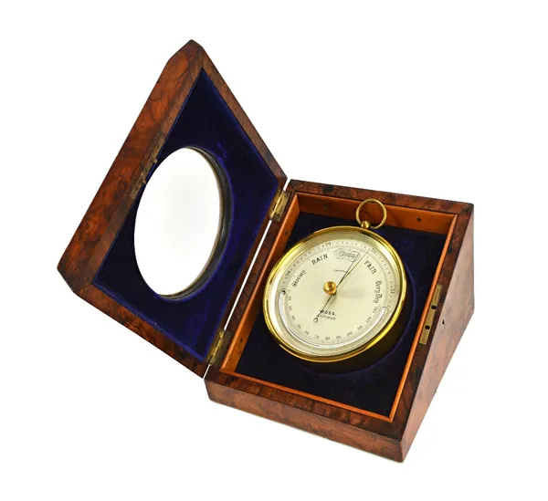 A Ross brass cased aneroid barometer/thermometer compendium, late 19th century, 11cm diameter, housed in a velvet lined walnut display case with hinge
