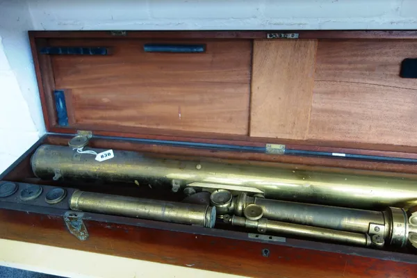 A 19th century Braham of Bristol single draw lacquered brass telescope on an adjustable tripod stand, in a fitted mahogany box with accessories, 109cm