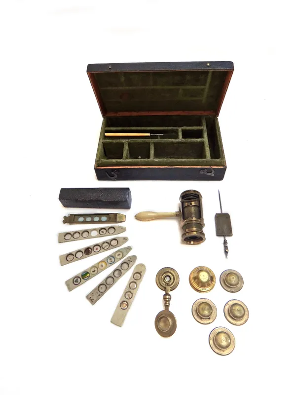 A brass screw-barrel microscope, English, mid-18th century, the Wilson pattern microscope unsigned, with ivory screw mount handle, five objectives, fo